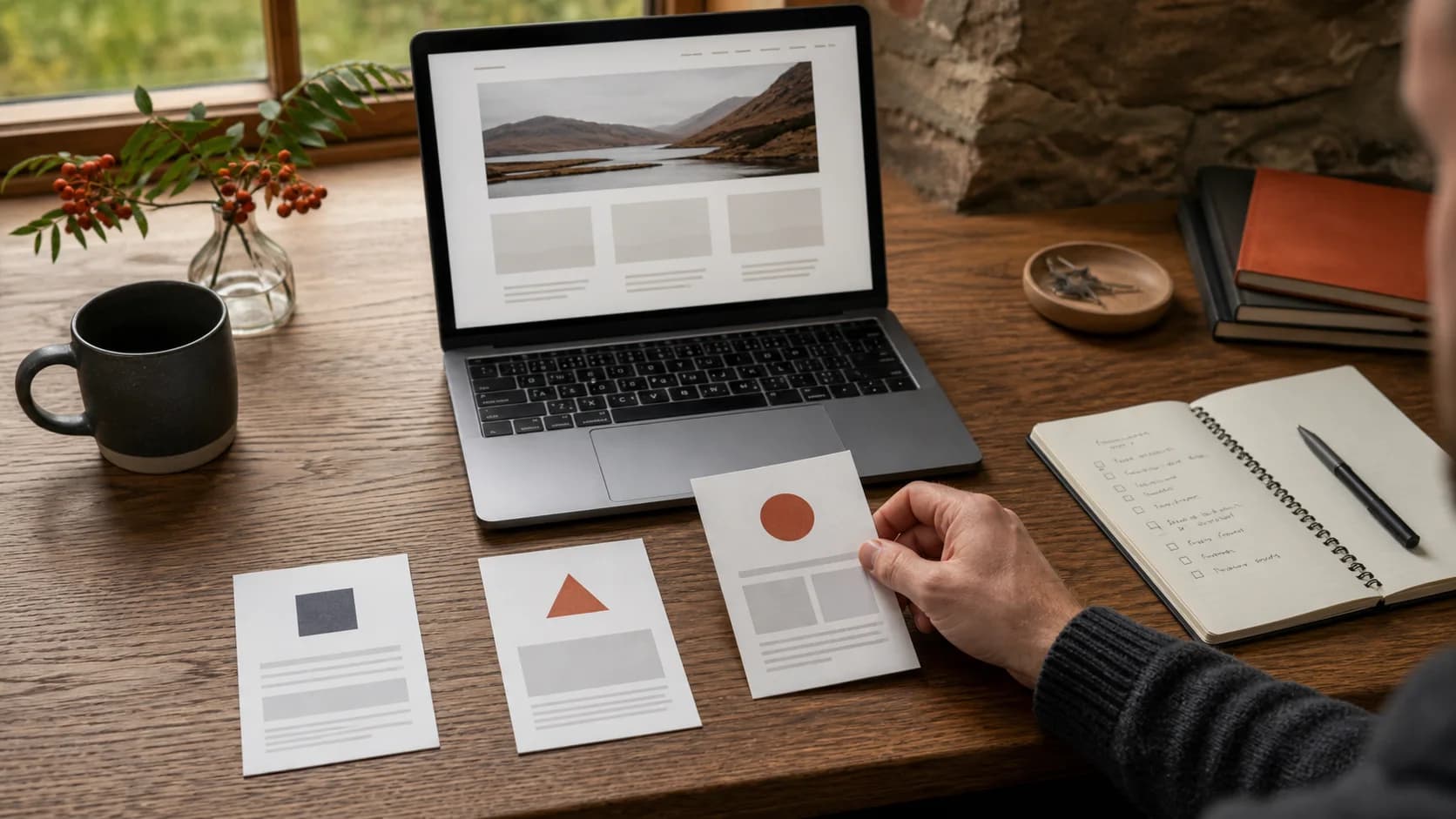 Small-business owner choosing between website platform options on a desk