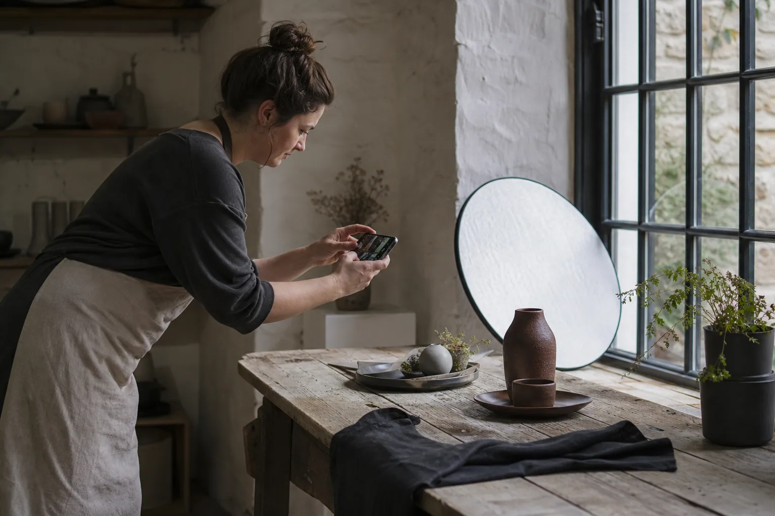 Small-business owner photographing products beside a naturally lit window