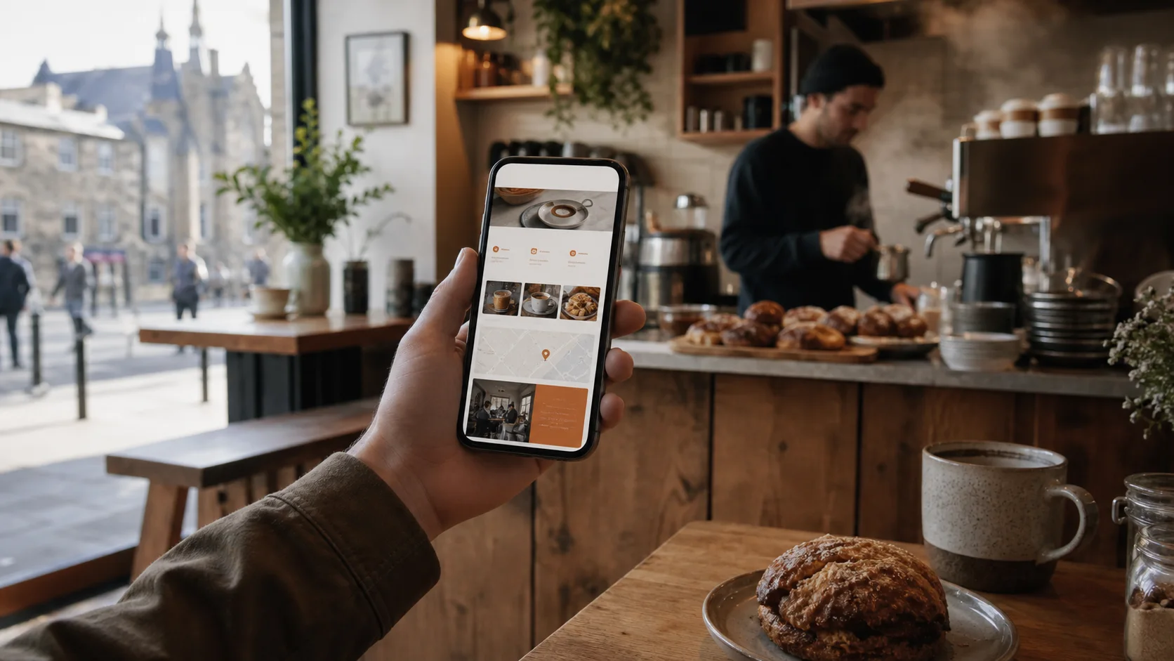Independent coffee shop counter with a phone showing menu and opening hours