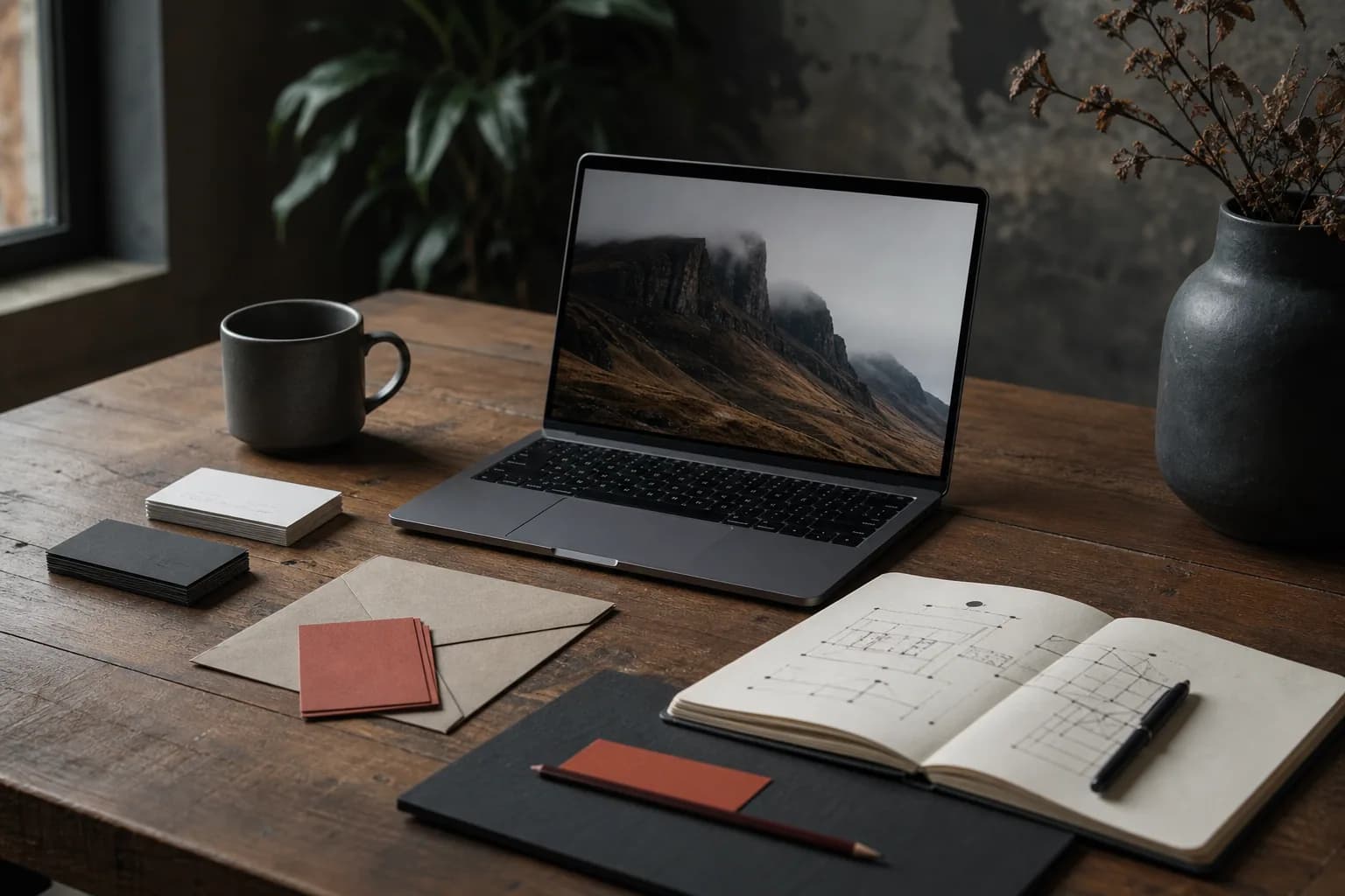 Laptop, business card, and domain planning notes on a clean desk