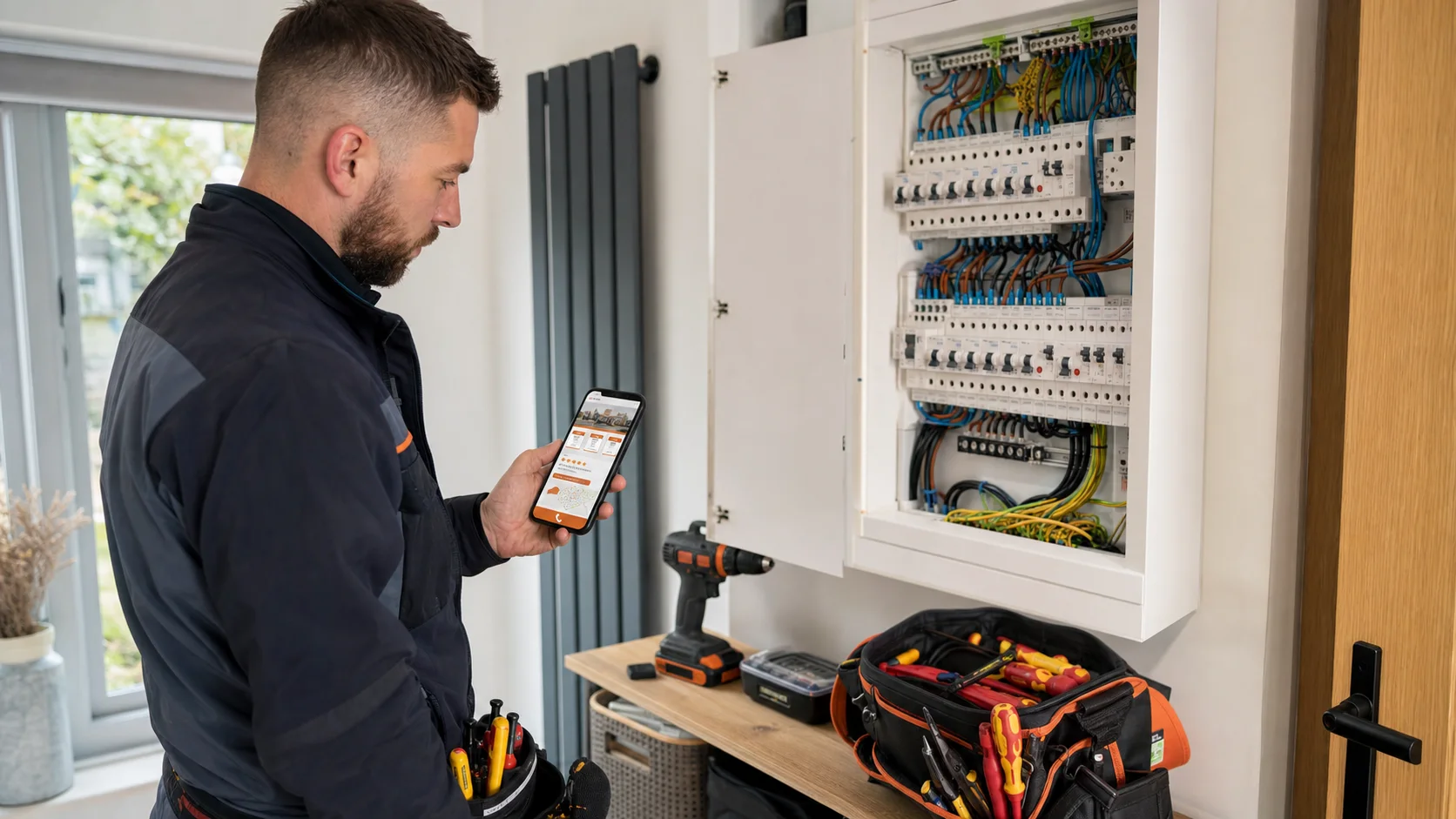 Electrician checking a clear mobile service page beside an electrical consumer unit