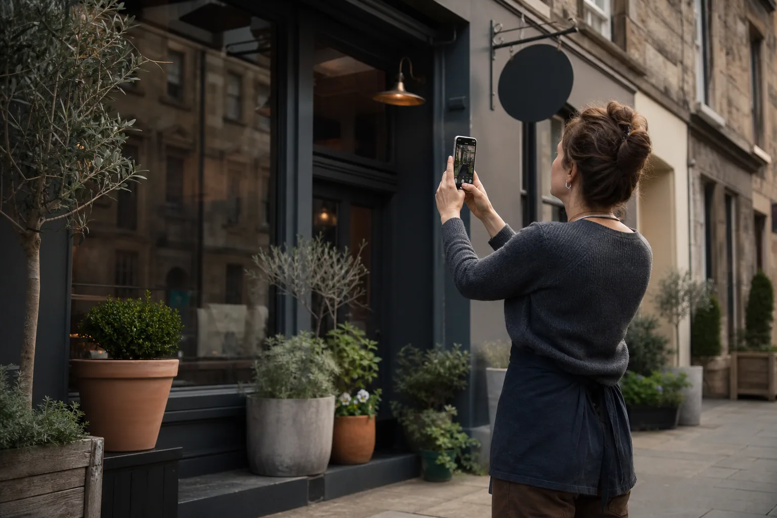 Shop owner photographing a Scottish storefront for a business listing