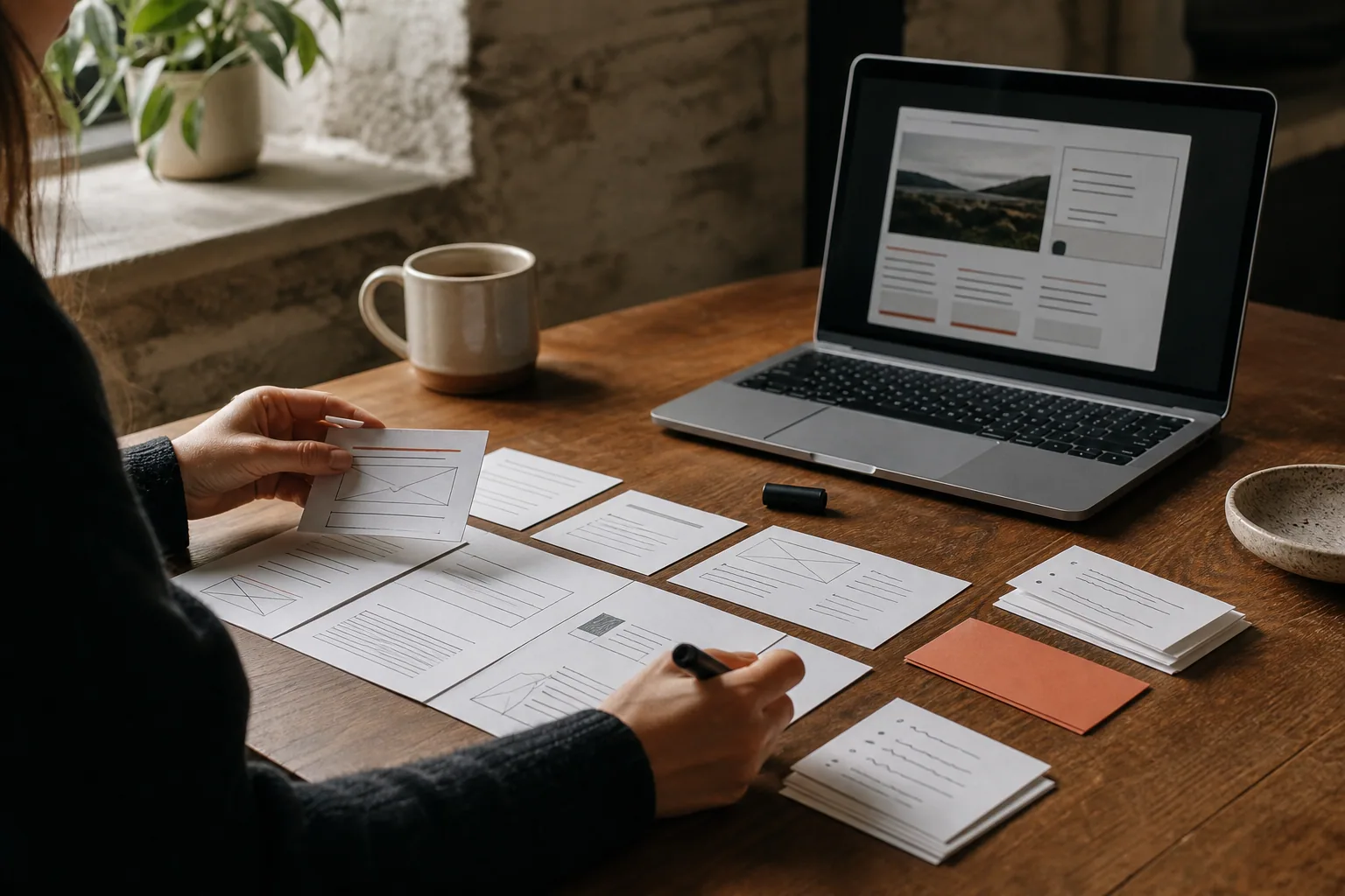Website wireframe and customer questions arranged across a creative desk