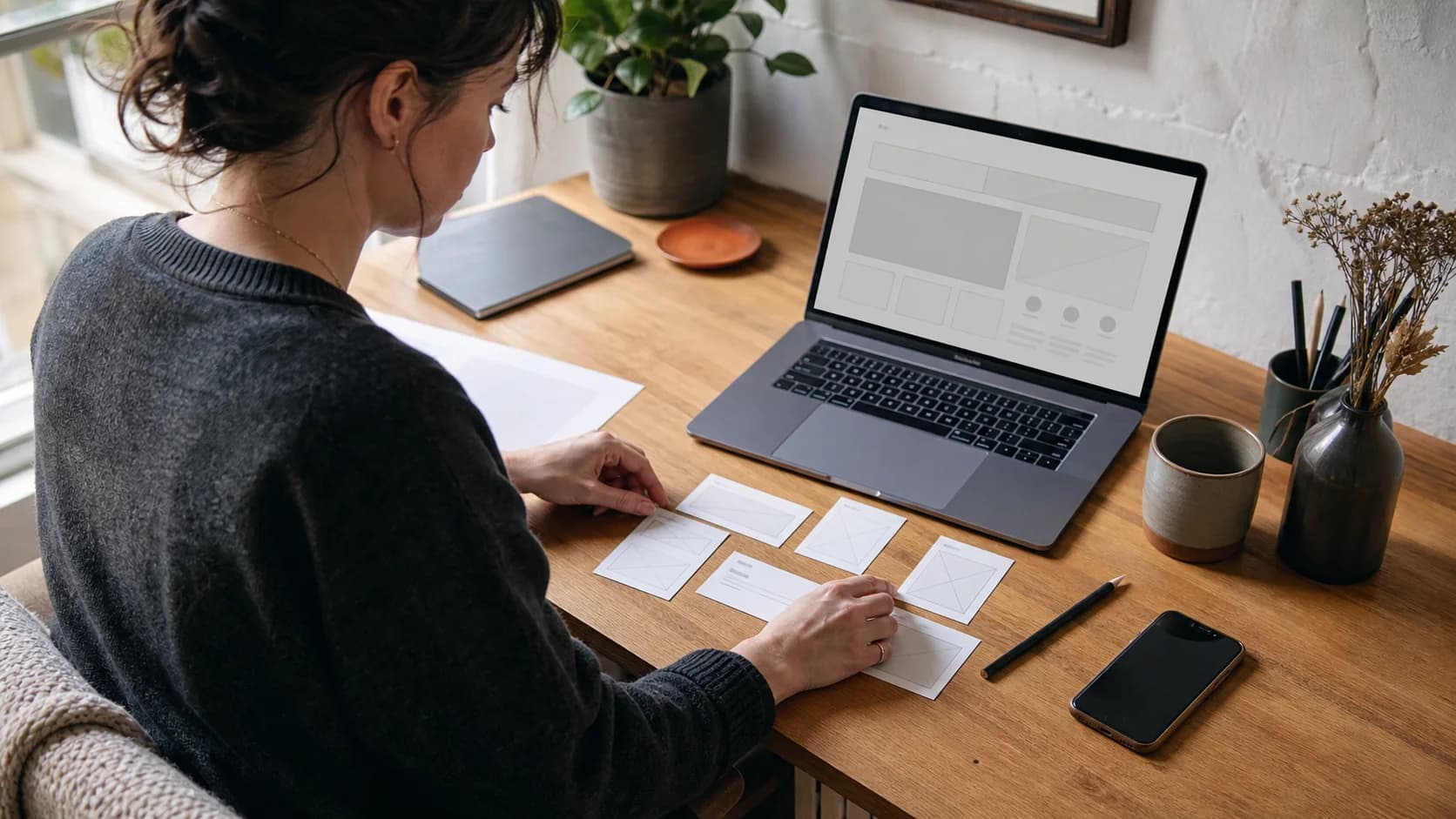 Small-business owner arranging a website page plan beside a laptop