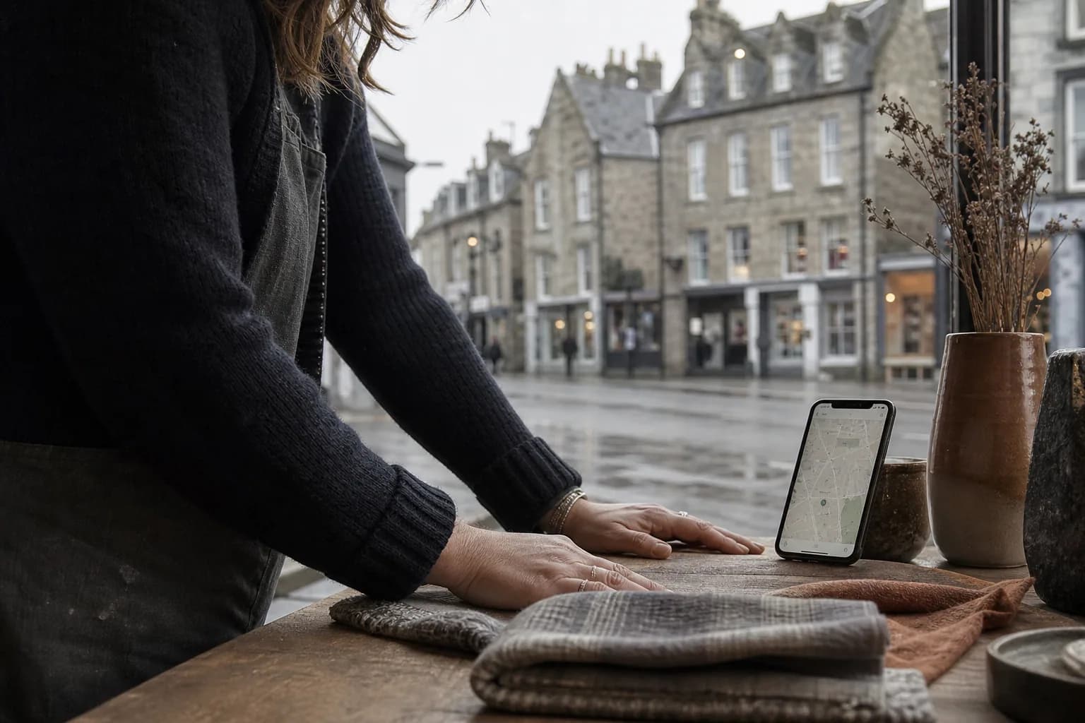 Phone displaying a local map beside a Scottish high-street business
