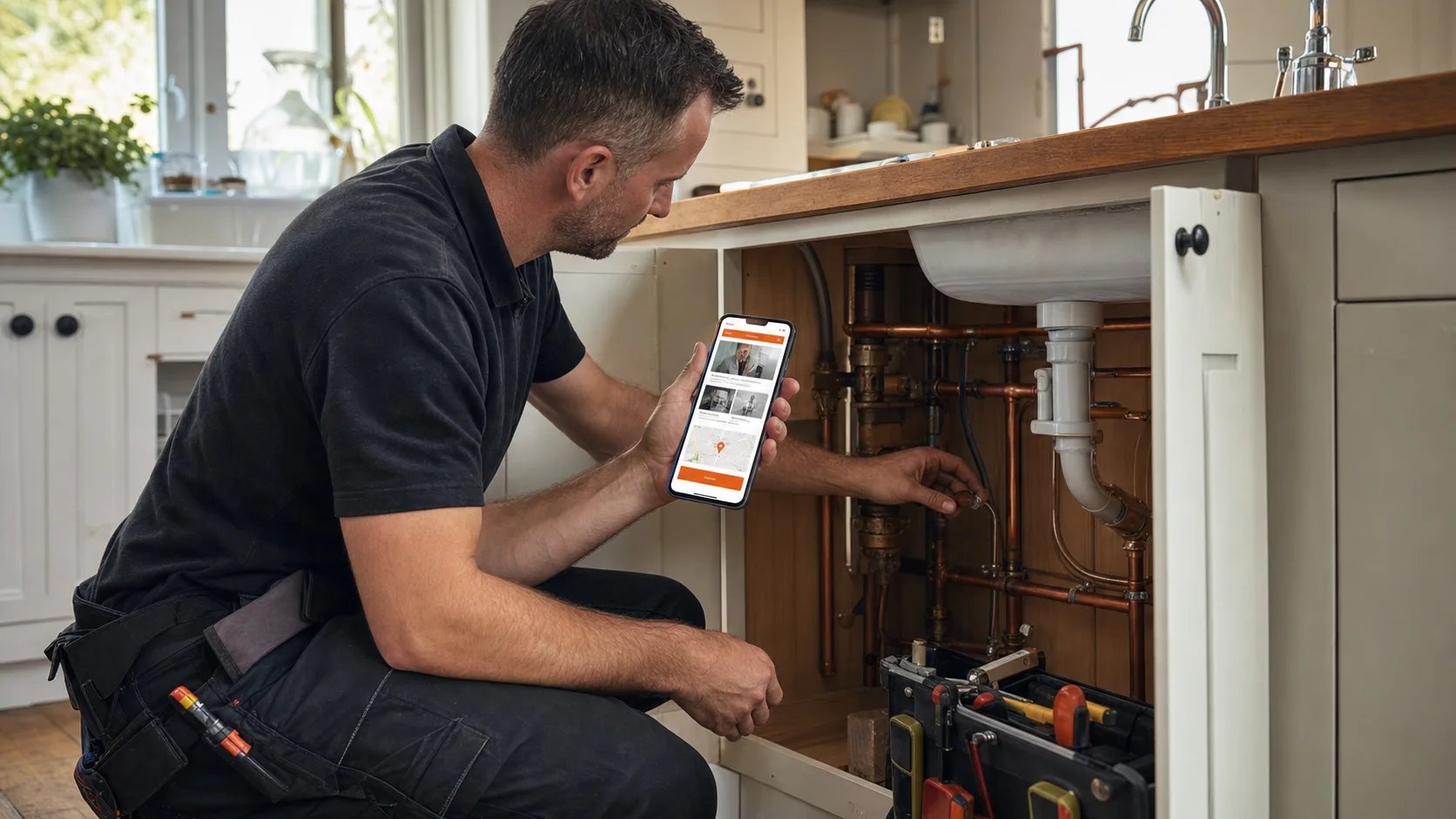 Plumber viewing a mobile service page beside a neatly installed pipe system