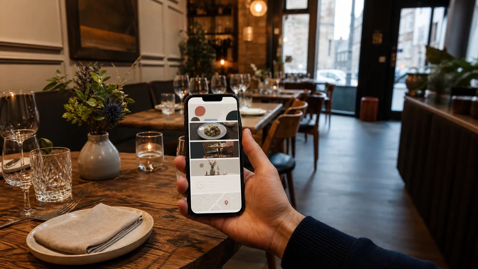 Restaurant table setting with a phone showing a clear booking page