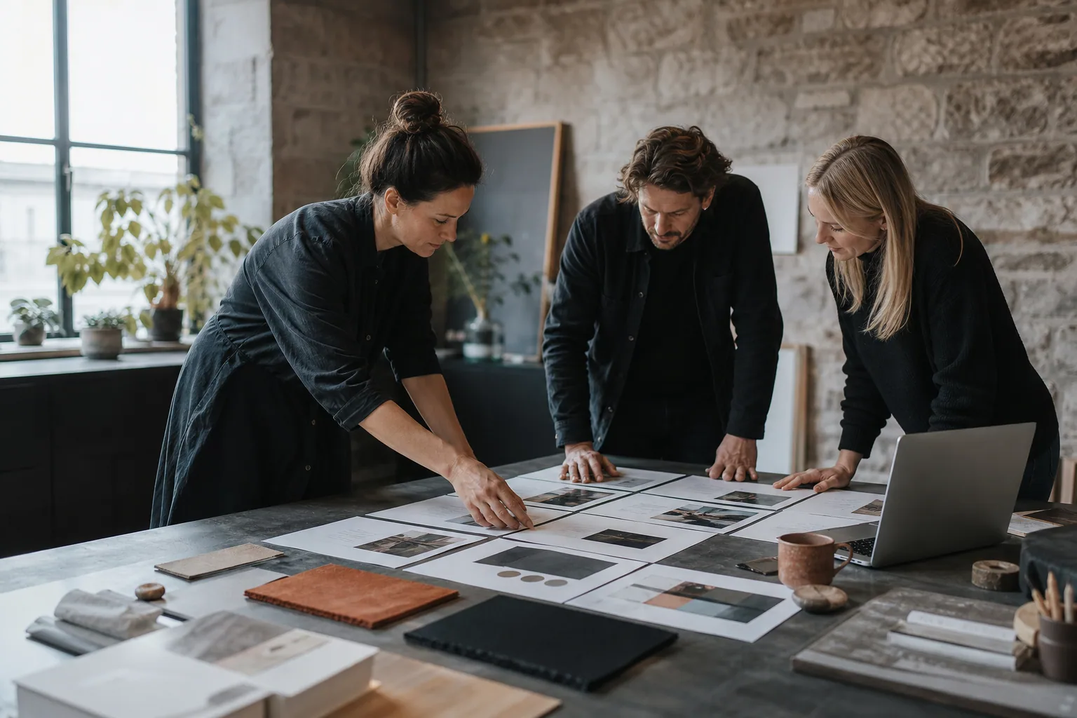 Small-business team arranging service-page content cards on a studio table