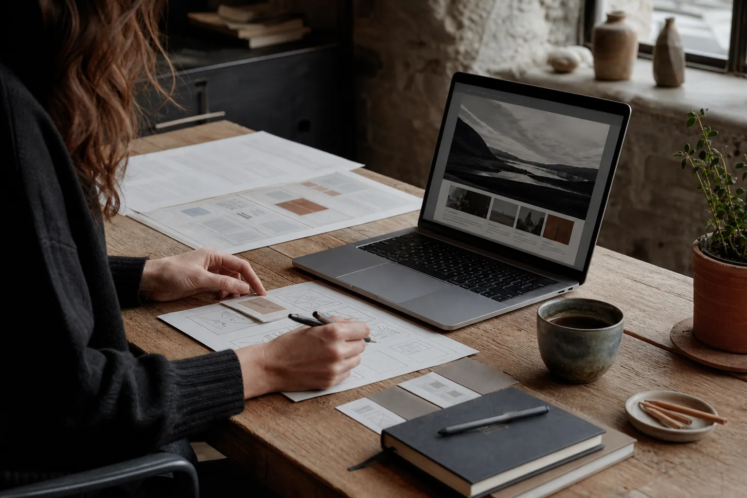 Scottish small-business owner reviewing a website plan beside a laptop