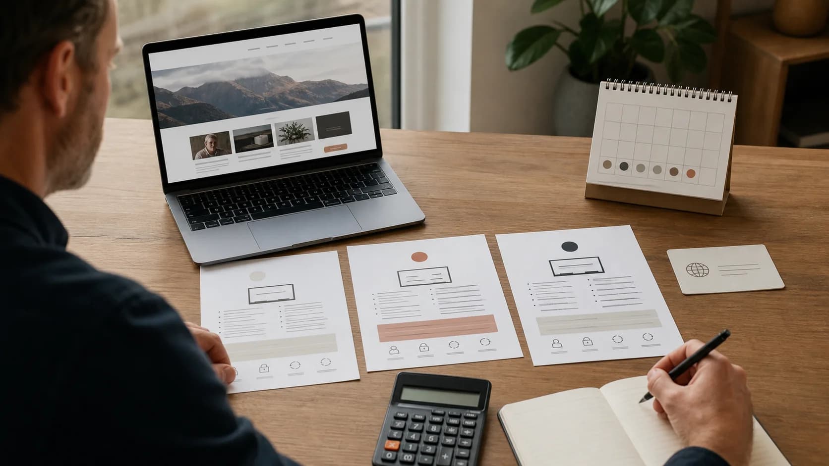 Website proposal, calculator, and laptop arranged on a small-business desk