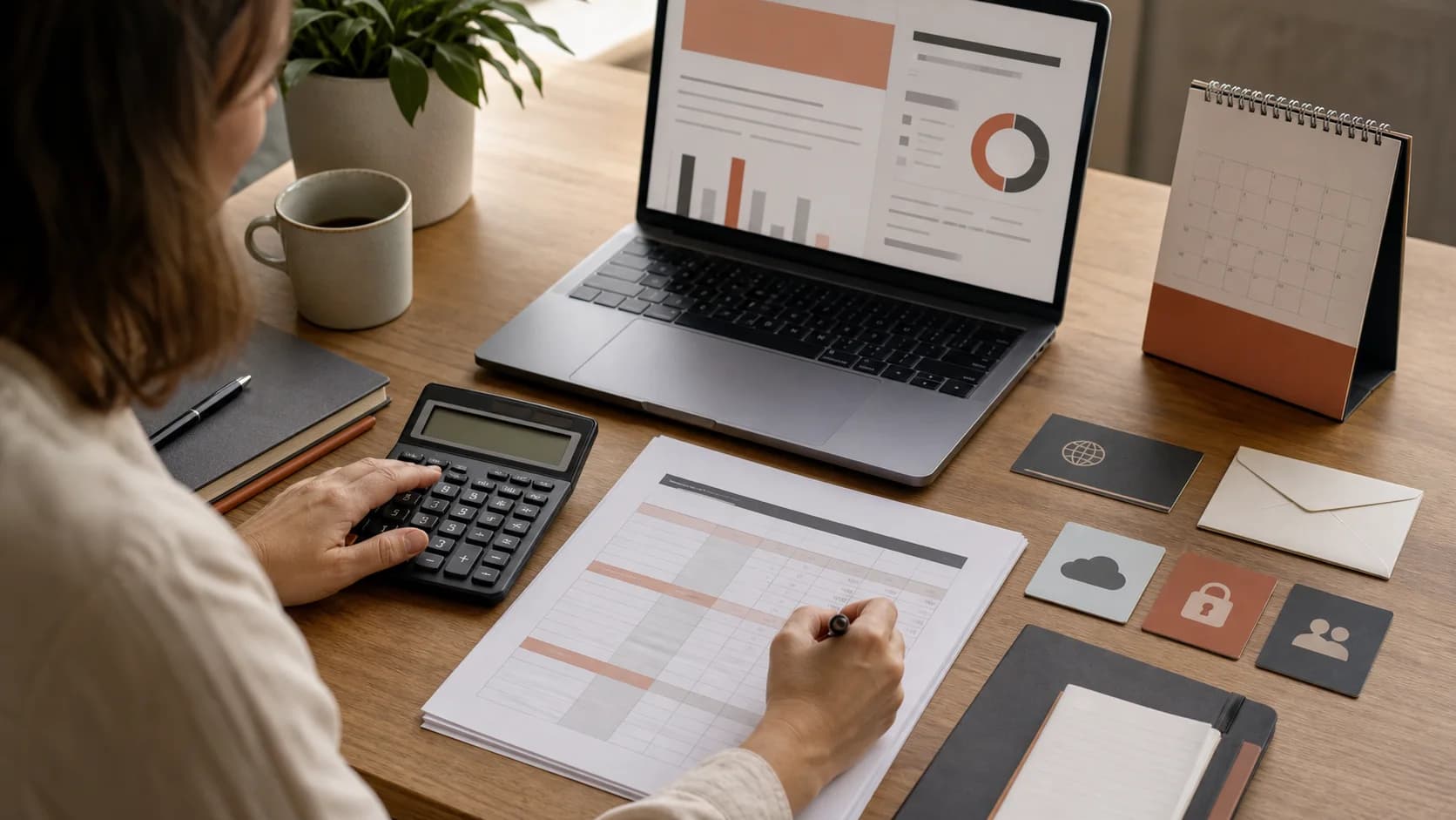 Calculator and website subscription notes beside a laptop