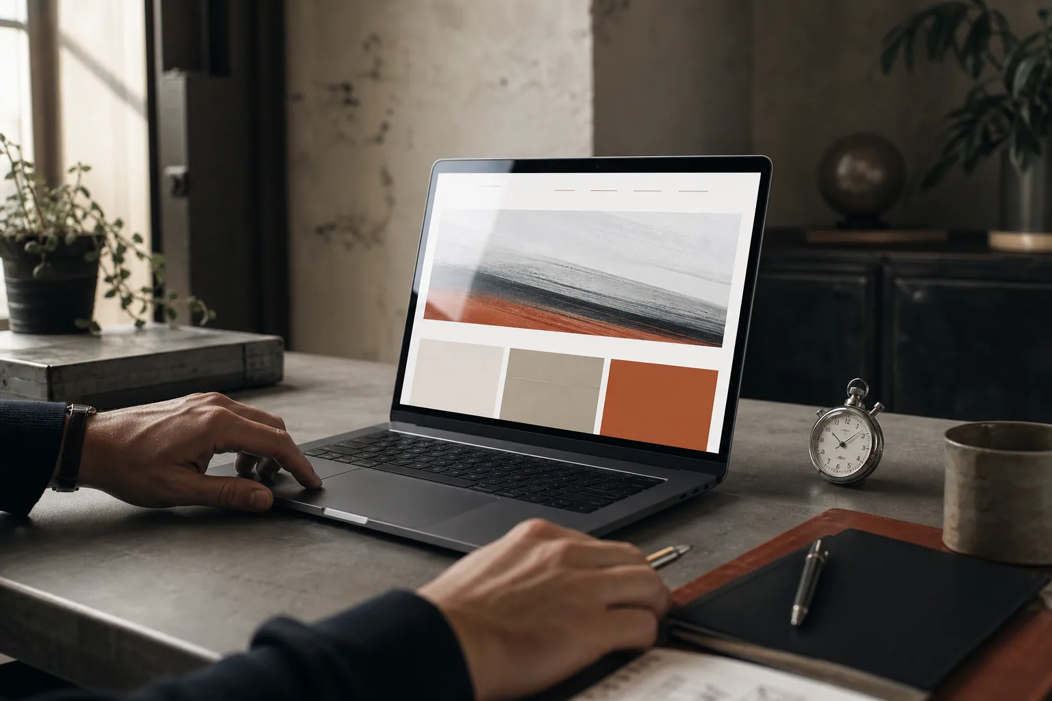 Laptop displaying a website performance review beside a stopwatch