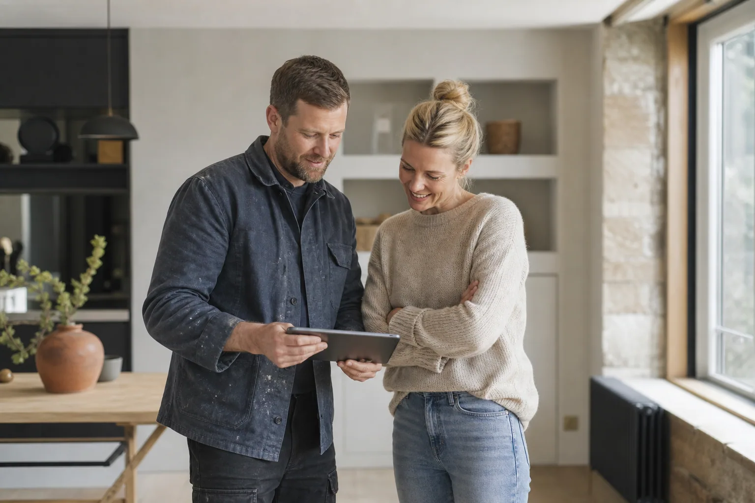 Tradesperson showing completed work to a customer on a tablet