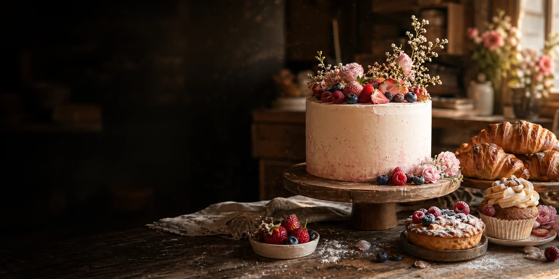 A decorated celebration cake with warm bakery lighting