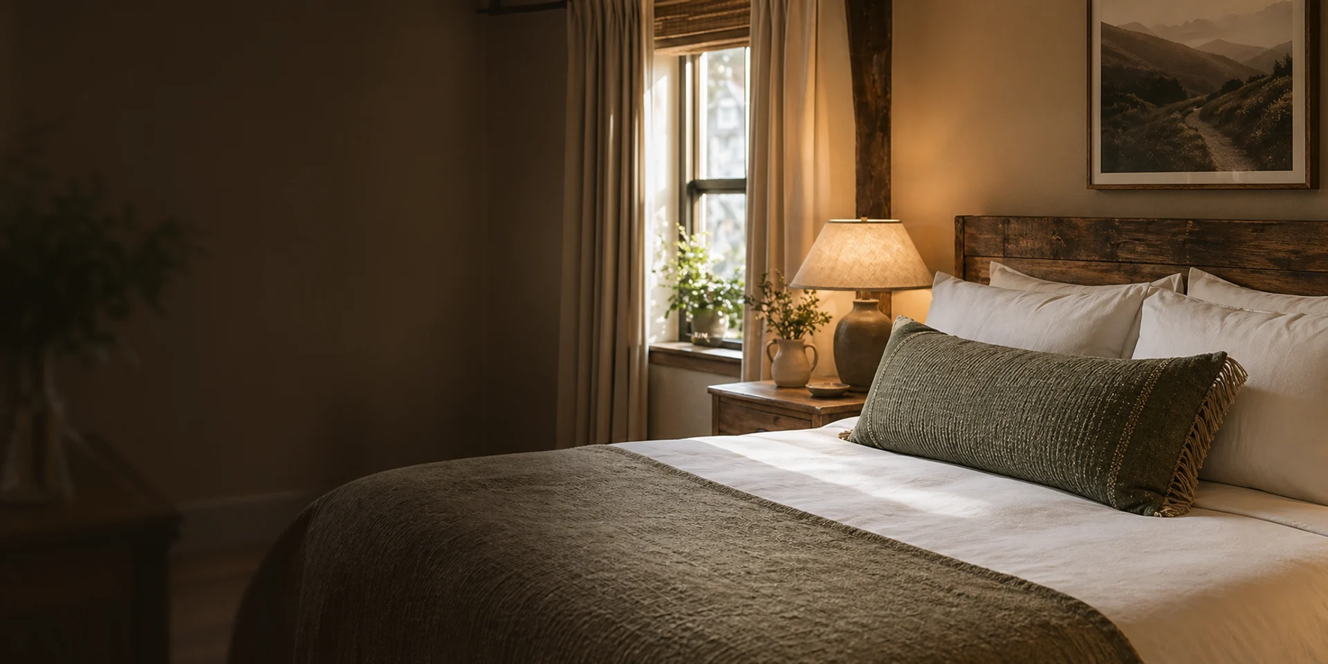 A warm boutique bedroom for a bed and breakfast website