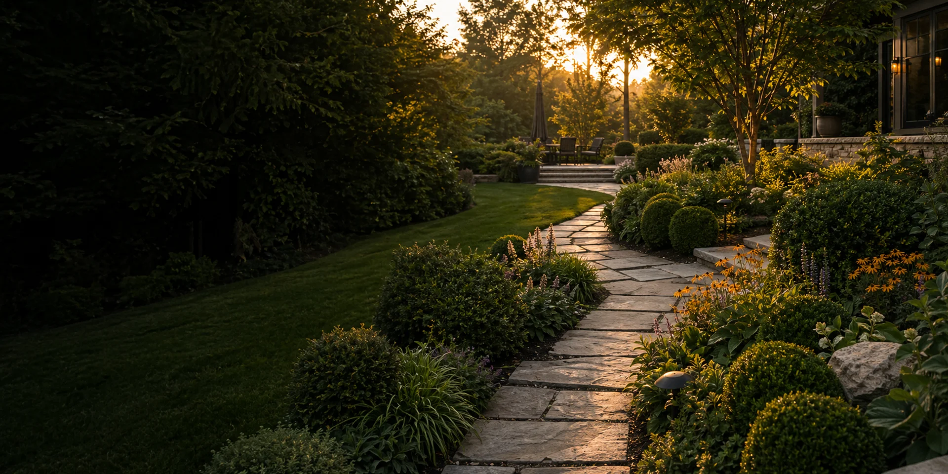 A landscaped garden path with planting and warm evening light
