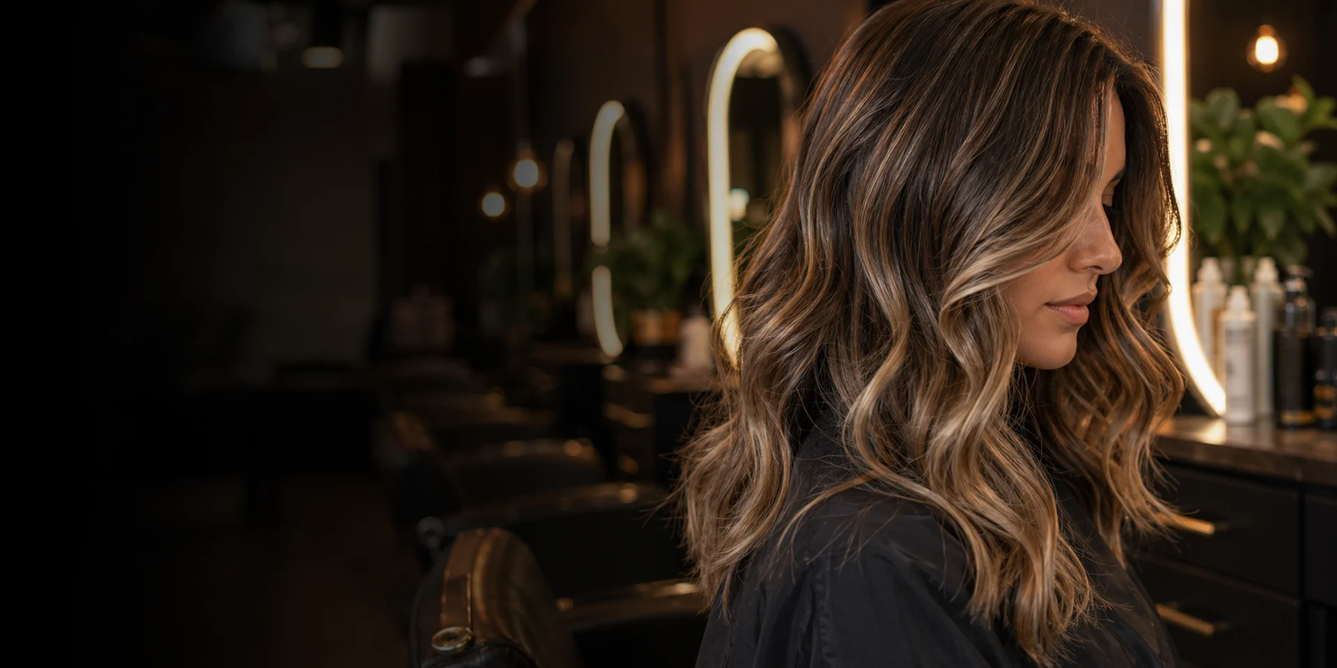A premium hair salon styling area with warm lighting