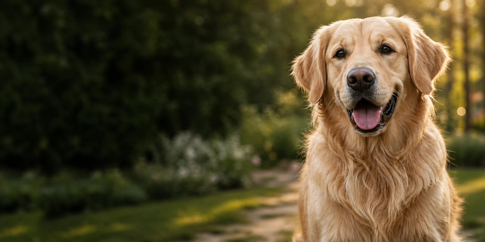 A golden retriever on a sunlit path for a pet care website