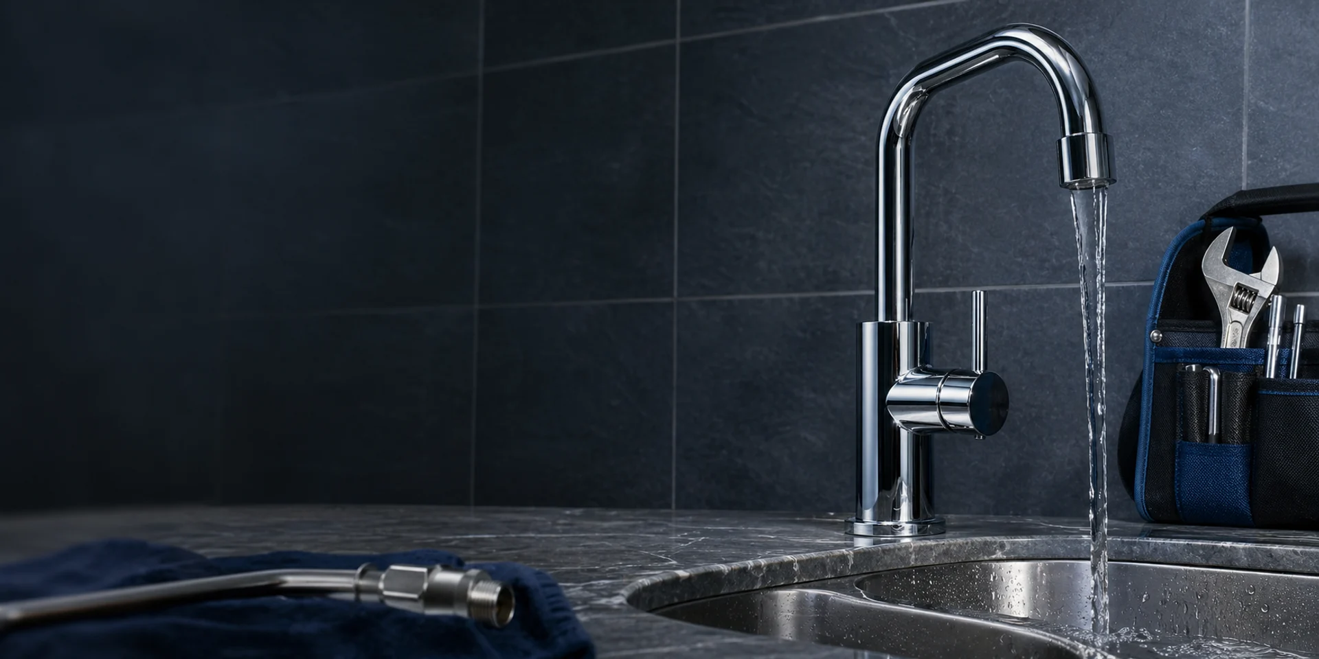 A modern kitchen tap and sink used for a plumbing website hero